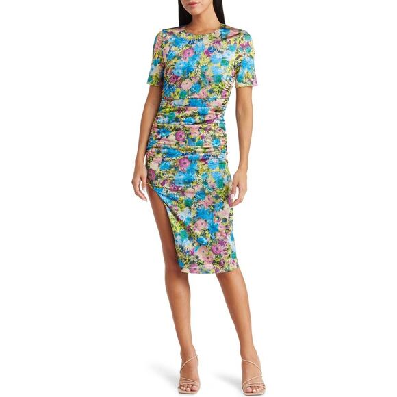 Black Halo Delina Print Ruched Midi Sheath Dress size 8 New with Tags - Picture 1 of 10